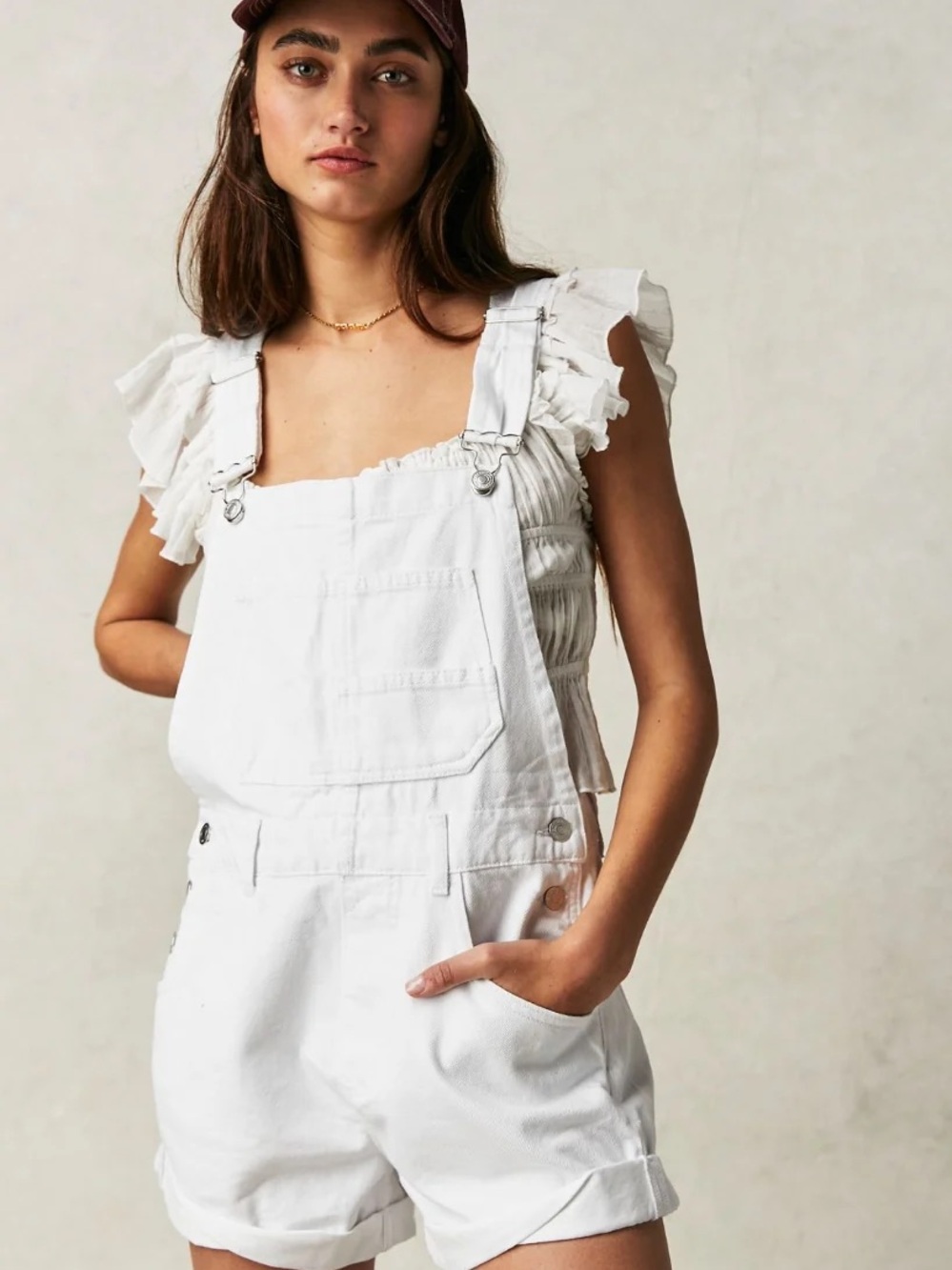 Free People White Denim Short Overalls